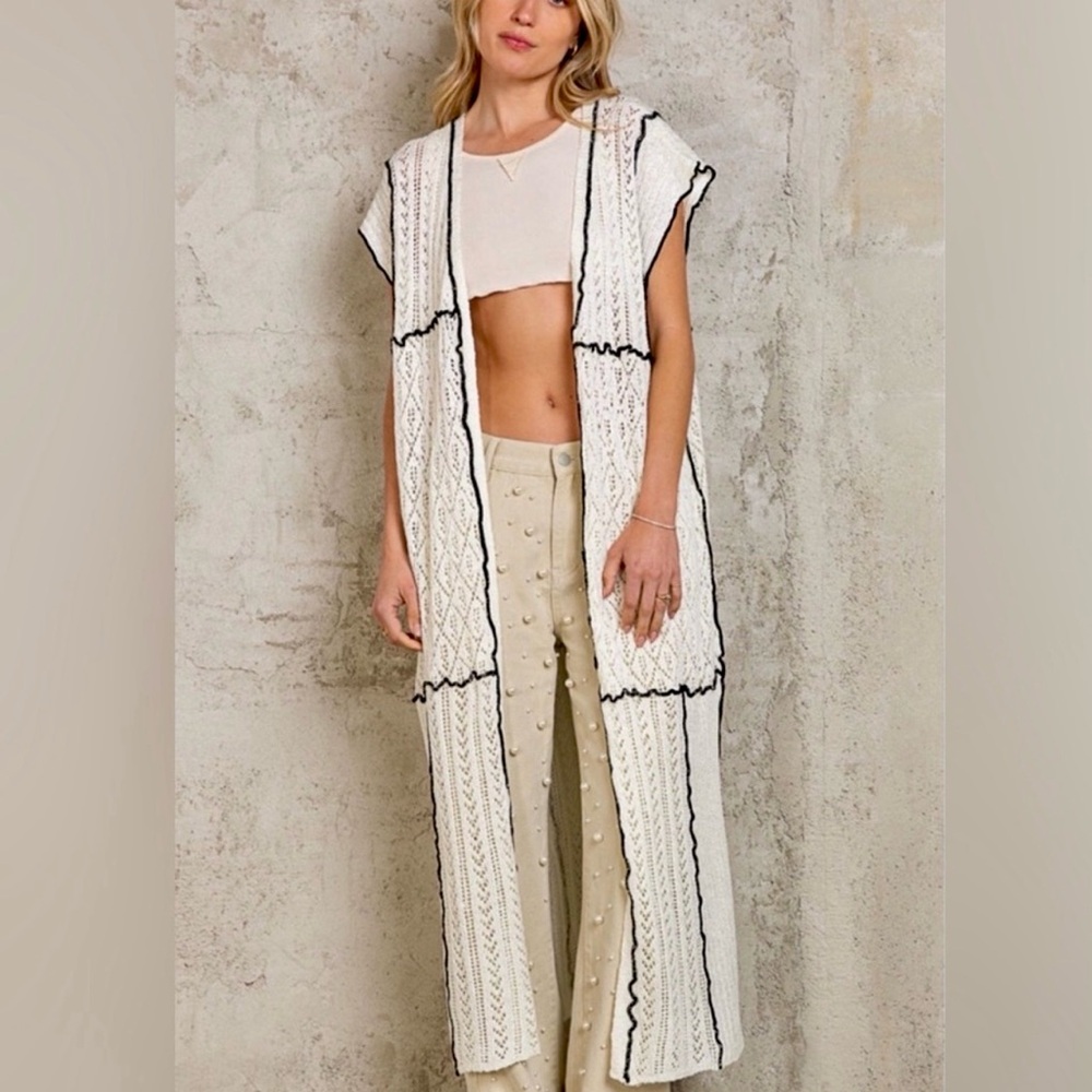 POL White + Black Crochet Duster | Sleeveless Boho Knit Cardigan - Picture 7 of 8